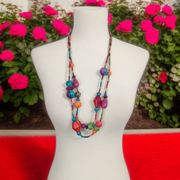Wood Beaded Necklace Multi Strand Colorful Chunky Layered Boho Chic Hippie Gypsy - Picture 1 of 16